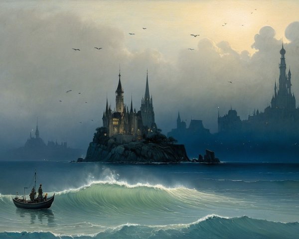 Mystical Boat Scene with Castle and Ethereal Landscape