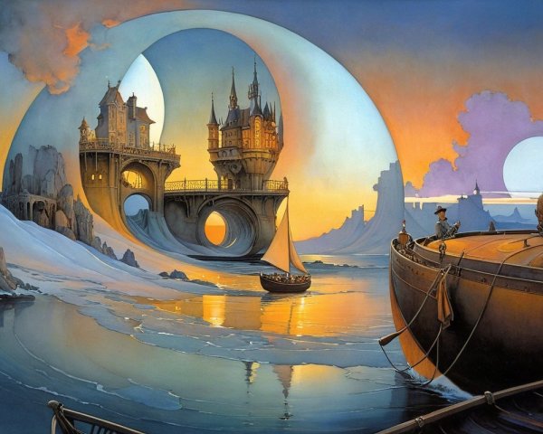 Whimsical Castle and Serene Boat at Sunset Scene