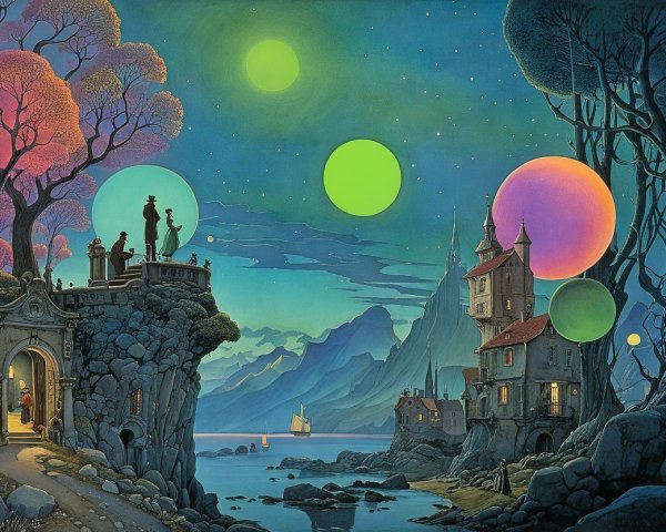 Surreal Landscape with Rocky Shore and Whimsical Figures