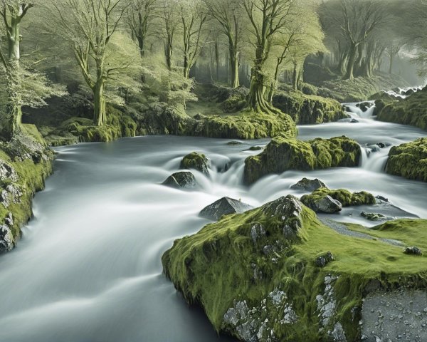 Serene Landscape with Flowing River and Lush Greenery