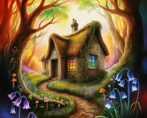 Whimsical Cottage Surrounded by Lush Garden and Trees