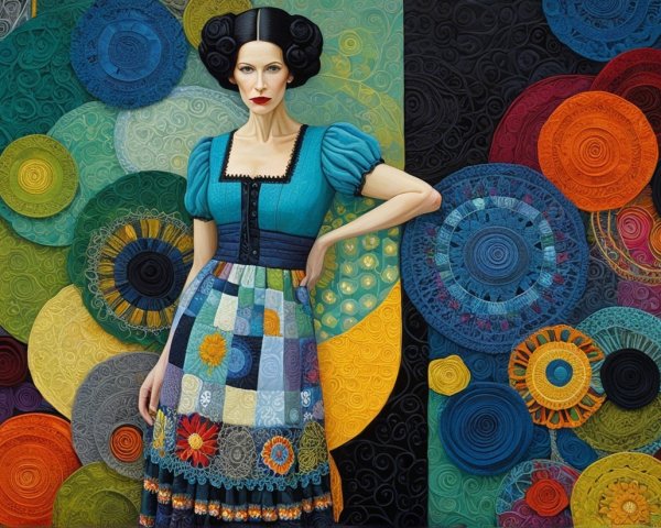 Woman in Traditional Dress Against Vibrant Patterns