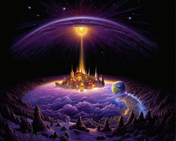 Glowing City in Cloudy Terrain with Distant Earth