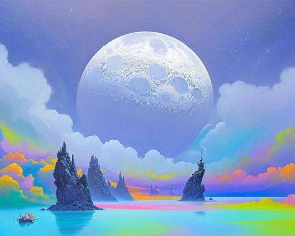 Surreal Landscape with Towering Rocks and Moonlight