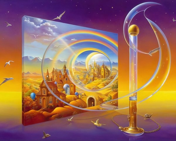Surreal Landscape with Whimsical Houses and Sunset