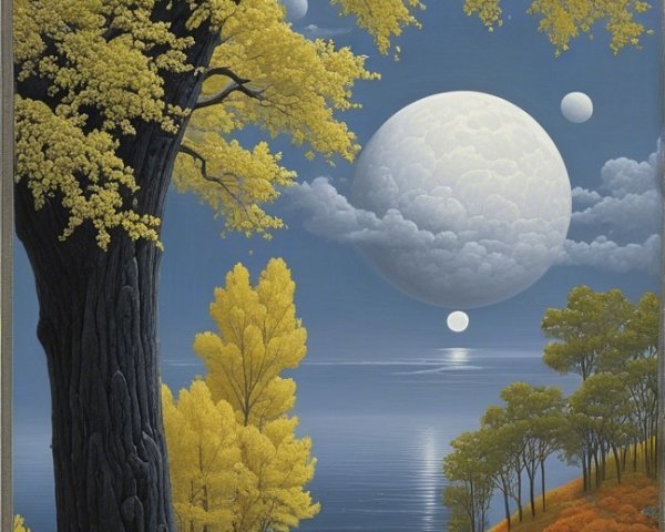 Serene Landscape with Tree, River, and Moonlit Sky
