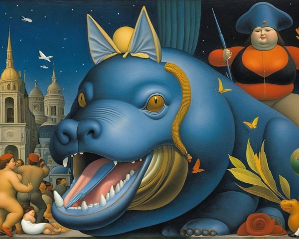 Surreal Scene with Blue Creature and Chubby Figures