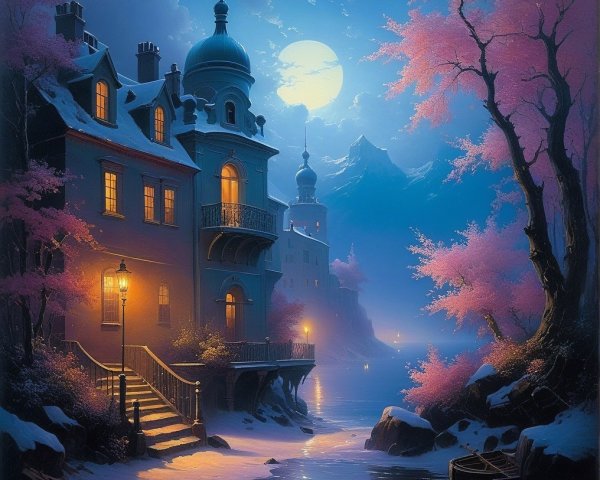 Moonlit Riverside Village with Cherry Blossoms and Mountains