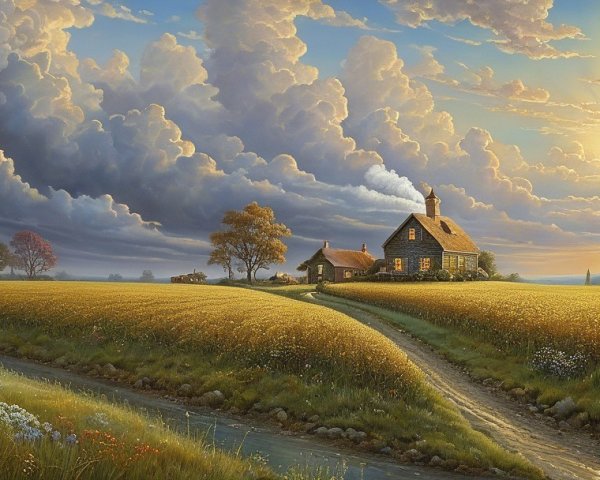 Serene Countryside Landscape with Colorful Sky