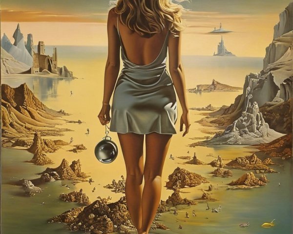 Surreal Landscape with Woman in Silver Dress and Water