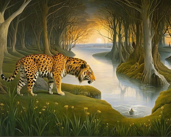 Leopard by Serene River in Mystical Forest Scene