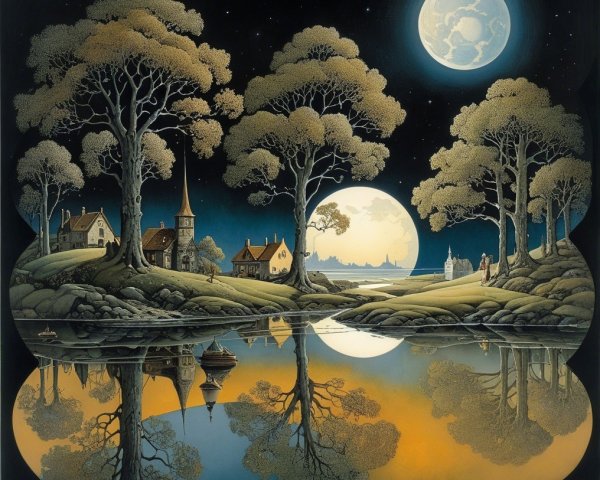 Tranquil Village Night Scene by Shimmering Lake
