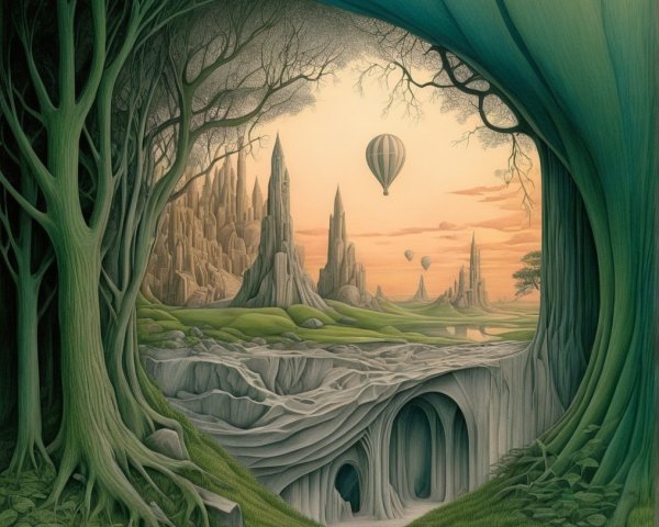 Surreal Landscape with Trees and Majestic Rock Formations