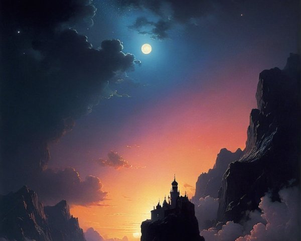 Twilight Scene of Castle and Ship by Calm Waters