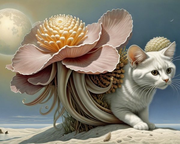 Surreal Scene of a Cat and Fantastical Flower