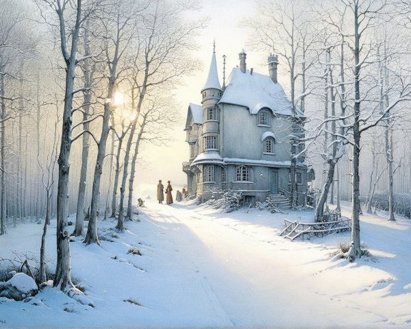 Whimsical Snow-Covered House in a Winter Landscape