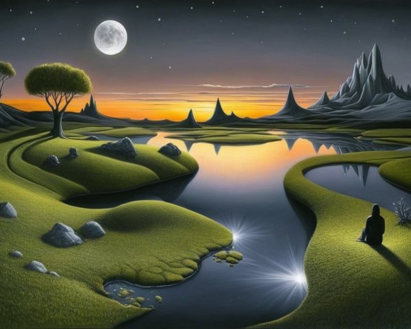 Serene Landscape with Hills, River, and Mountains