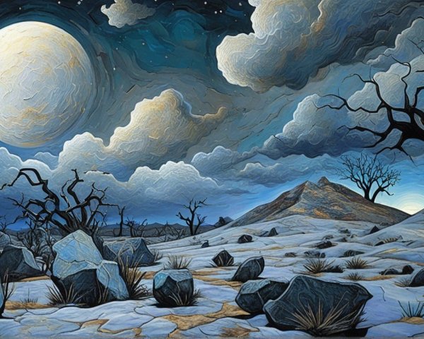 Surreal Moonlit Landscape with Twisted Trees and Rocks