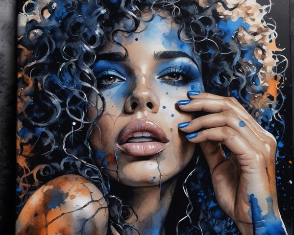 Portrait of a Woman with Curly Hair and Colorful Splashes