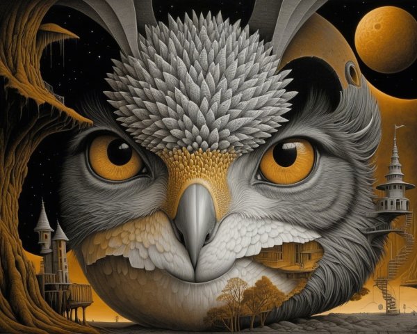 Surreal Landscape Featuring Owl Face and Fantasy Elements