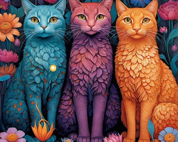 Three Colorful Cats Surrounded by Vibrant Flowers