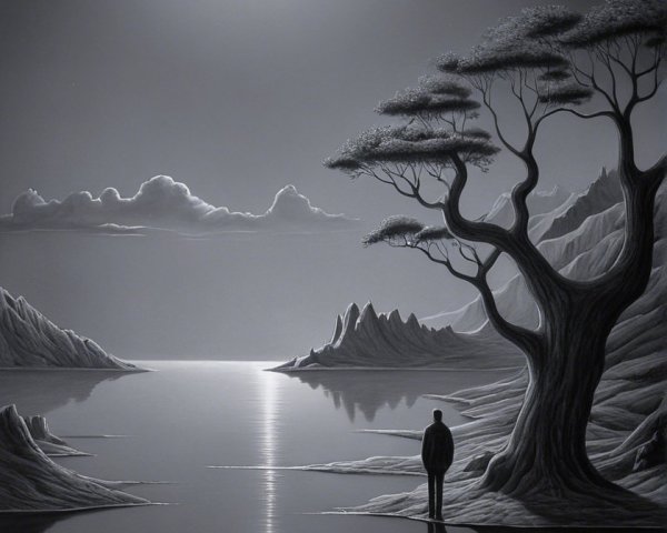 Black and White Landscape with Moonlit Lake and Figure