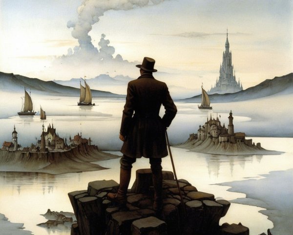 Figure in coat on rocky outcrop overlooking landscape