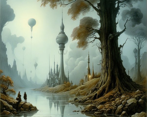 Dreamlike Landscape with Spires and Tranquil River