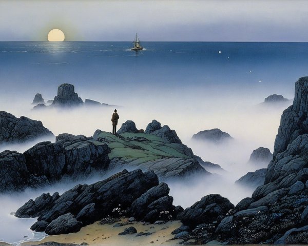 Serene Coastal Scene with Sunset and Sailboat