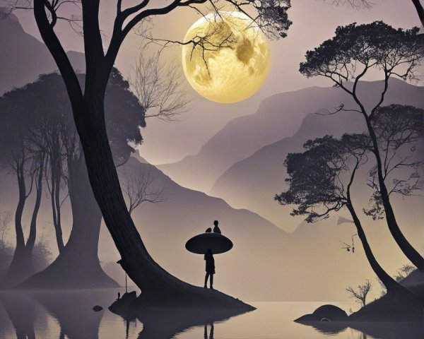 Twilight Landscape with Silhouetted Trees and Moon