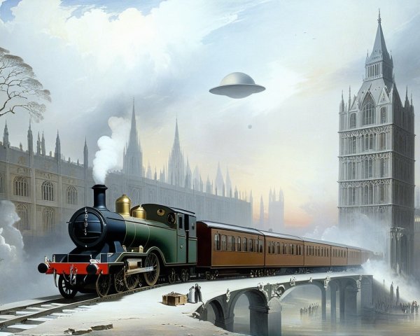 Steam Train and Flying Saucer Over Foggy Bridge