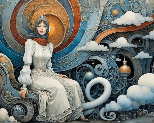 Woman in White Dress Amidst Blue and Gold Patterns