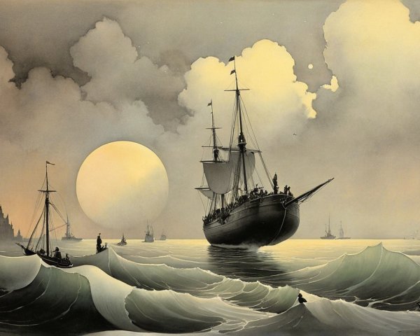 Majestic ship navigating turbulent waves under moonlight