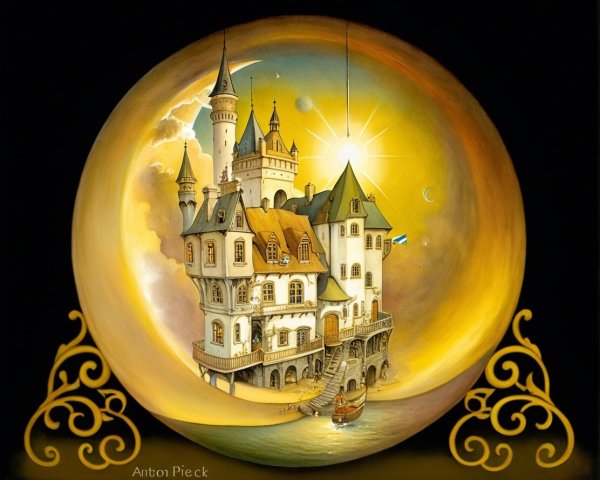 Enchanting castle within a golden sphere landscape