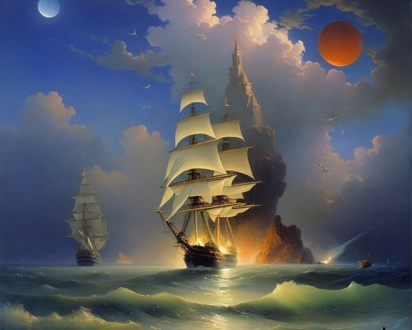 Tall Ships on Vibrant Oceans Under Dramatic Sky