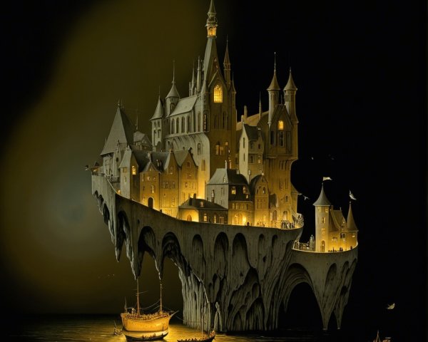Castle on Cliff with Reflections in Serene Waters