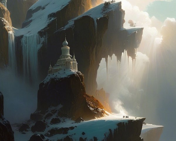 Majestic Mountain Landscape with Castle and Waterfalls