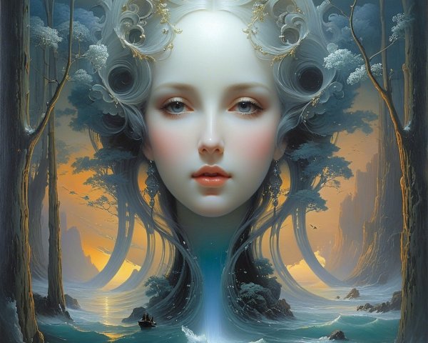 Surreal Portrait of Female Face in Tranquil Landscape