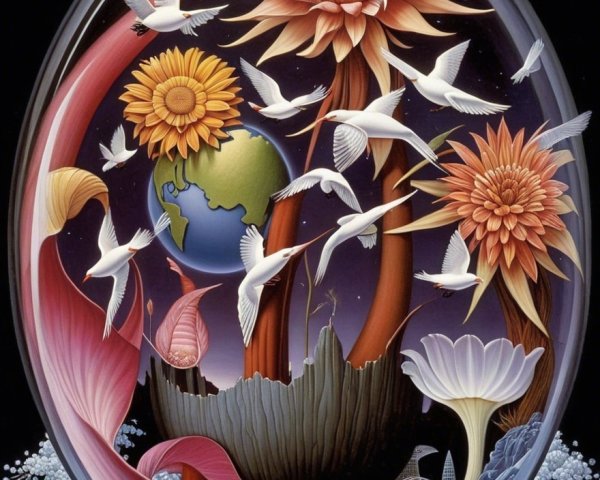Surreal Scene of Giant Flowers and Cosmic Background