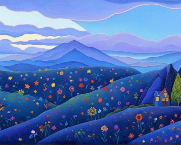 Vibrant Landscape with Colorful Flowers and Houses