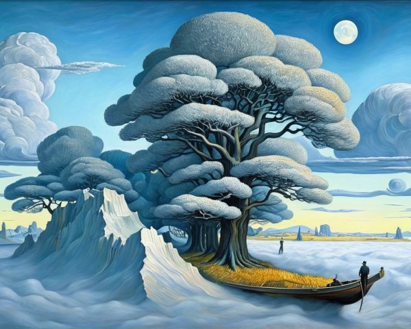 Surreal Landscape with Trees, Moon, and Water Scene