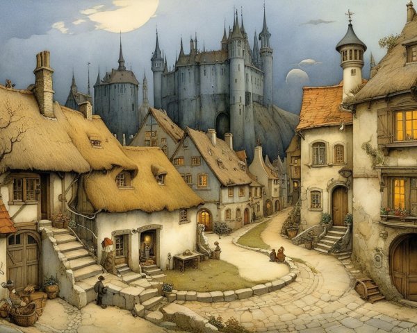 Medieval Village Scene with Cottages and Castles