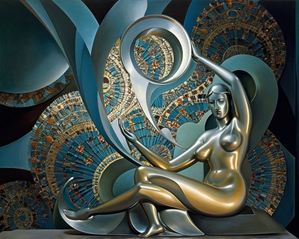 Stylized Metallic Figure of Seated Woman with Patterns