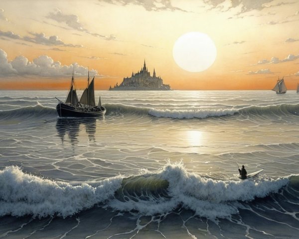 Tranquil Sunset Seascape with Kayaker and Sailboats