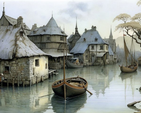 Waterside Village with Quaint Houses and Calm Waters