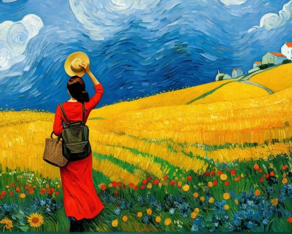 Woman in Red Dress in Vibrant Wheat Field Landscape