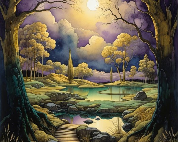 Twilight Landscape with Full Moon and Tranquil Pond