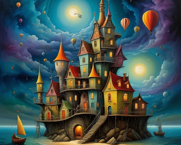 Whimsical Castle on Rocky Shore with Colorful Towers