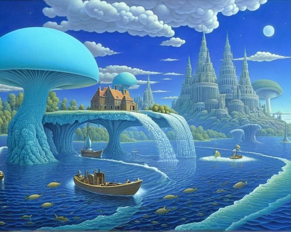 Surreal landscape with blue mushrooms and a castle