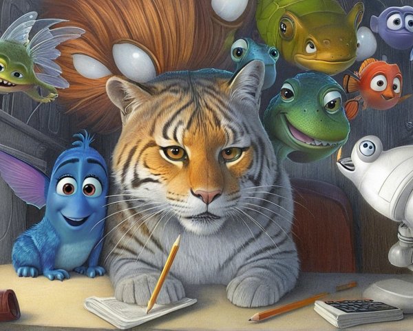Wise Tiger at Desk with Colorful Animated Creatures